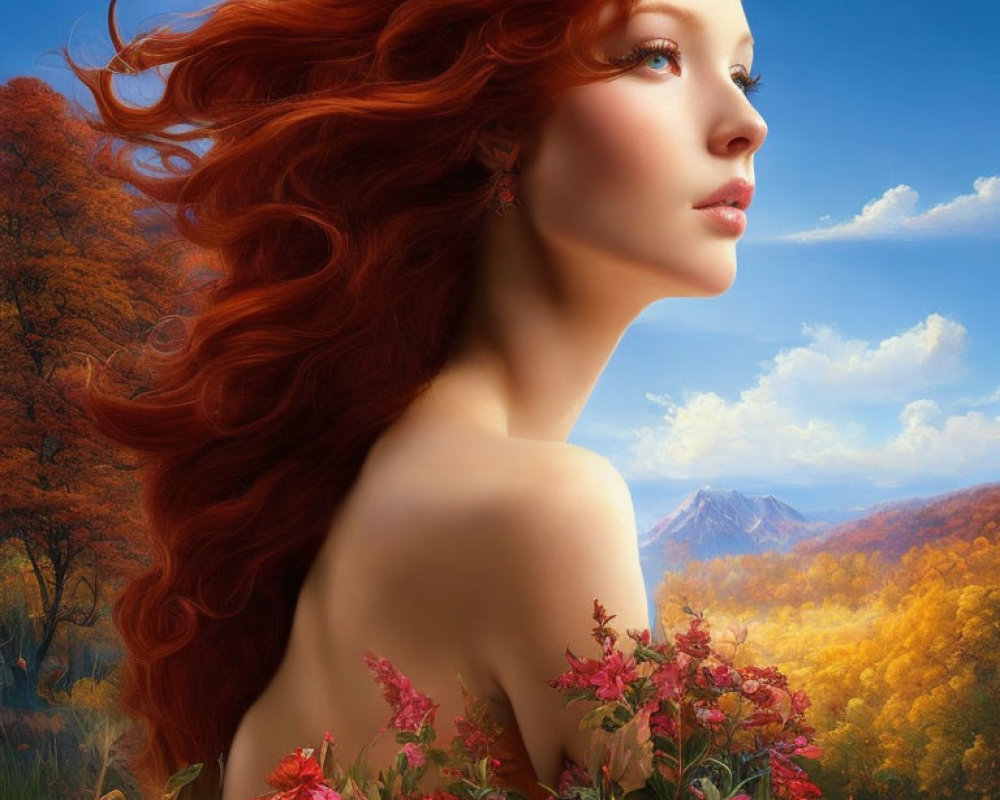 Woman with Red Hair in Autumnal Landscape with Mountains