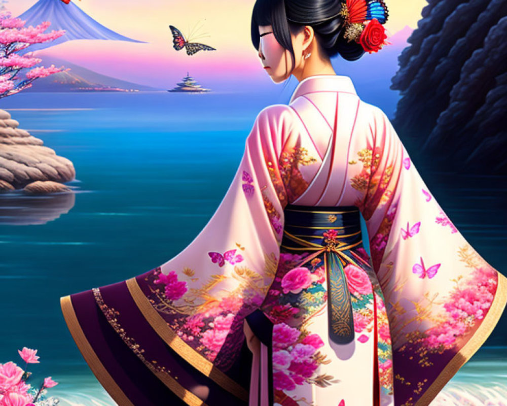 Woman in Floral Kimono Admiring Sea with Butterflies and Cherry Blossoms