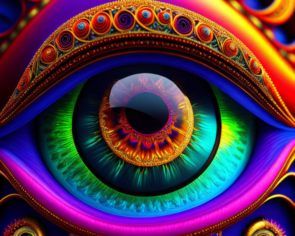 Colorful fractal image with central eye and swirling patterns reminiscent of peacock feathers