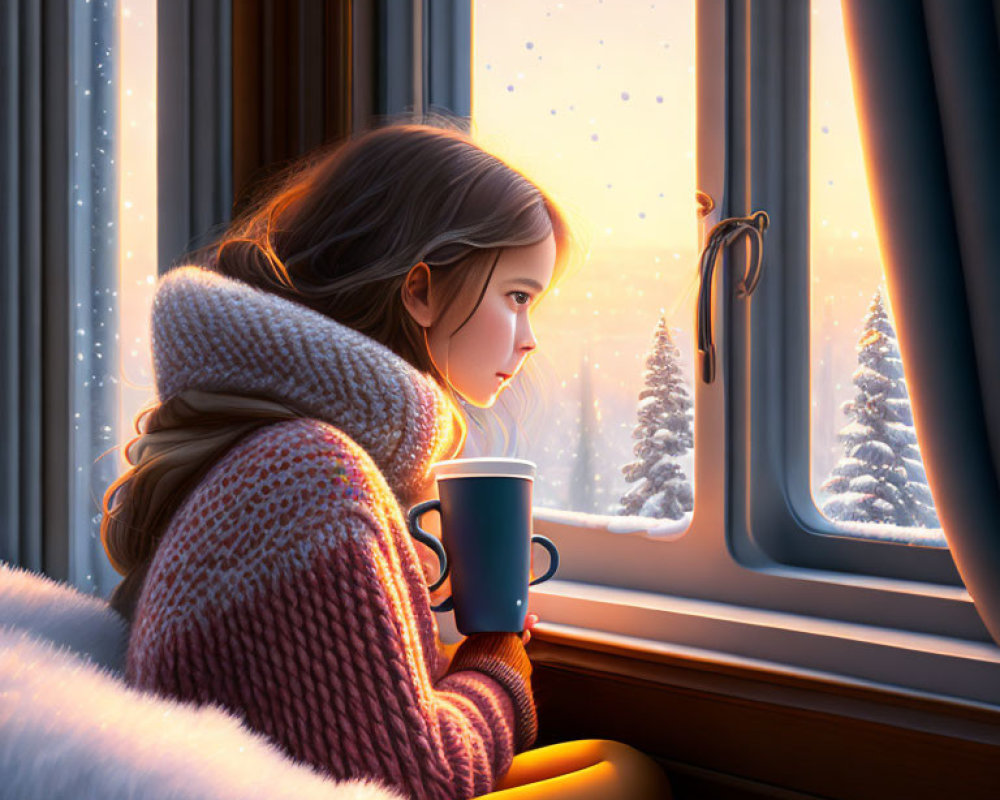 Girl in cozy sweater gazes at snowy landscape through window.