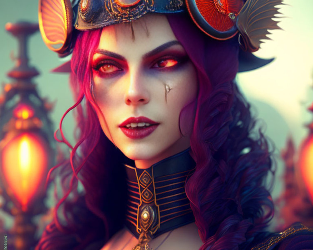 Purple-haired woman in steampunk hat and choker with red eyes.