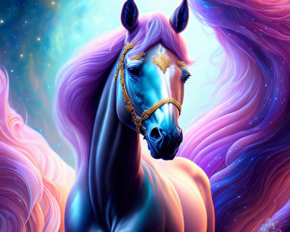 Majestic animated blue horse with golden bridle in cosmic background