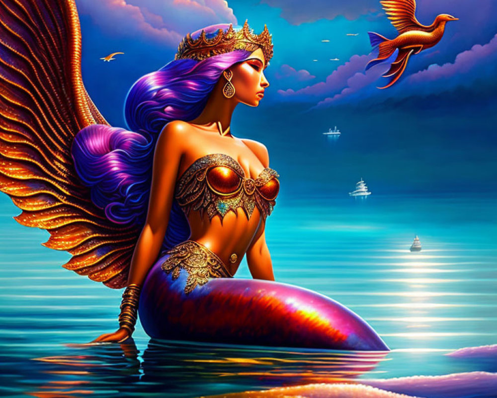 Fantastical purple-haired mermaid in golden attire gazes at ships under vibrant sky.