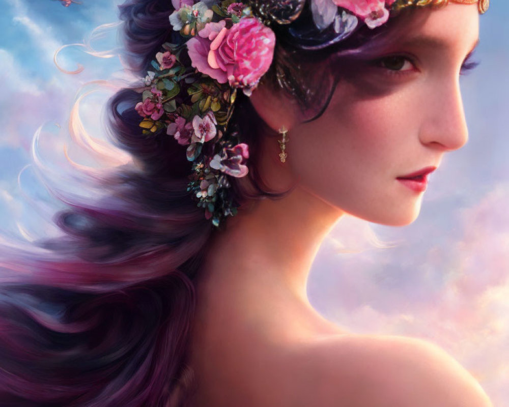 Woman with Floral Headpiece and Purple Hair in Sky with Clouds and Bird