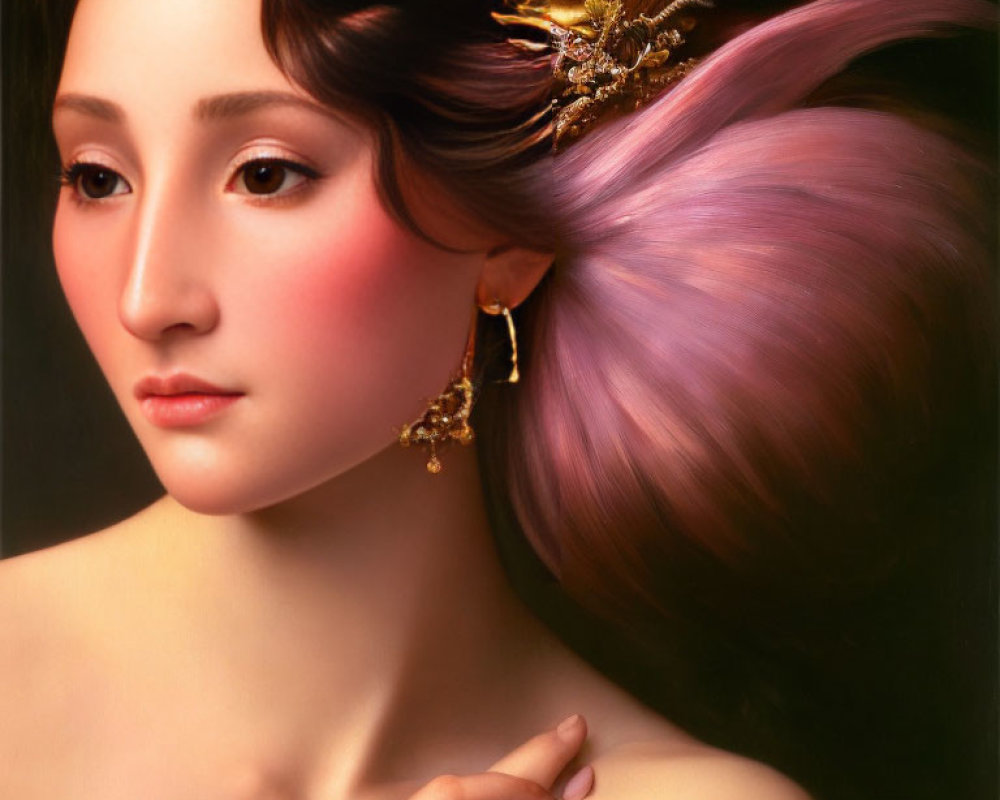 Portrait of Woman with Flowing Pink Hair and Golden Adornments