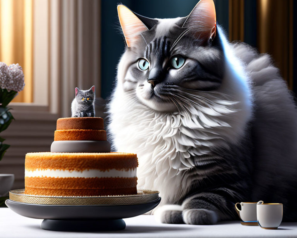 Fluffy cat with striking eyes next to three-tiered cake and tiny grey cat on top