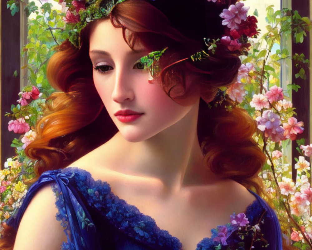 Portrait of Woman with Floral Wreath in Red Hair and Blue Dress