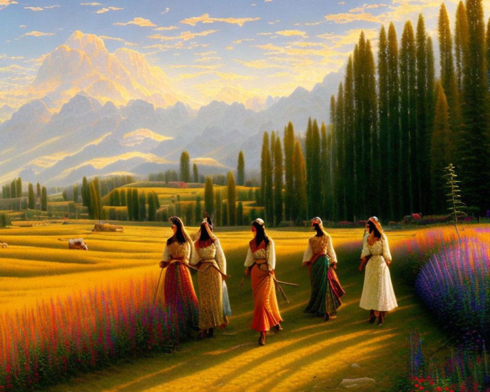 Traditional Attire Women Walking in Flower-Filled Meadow