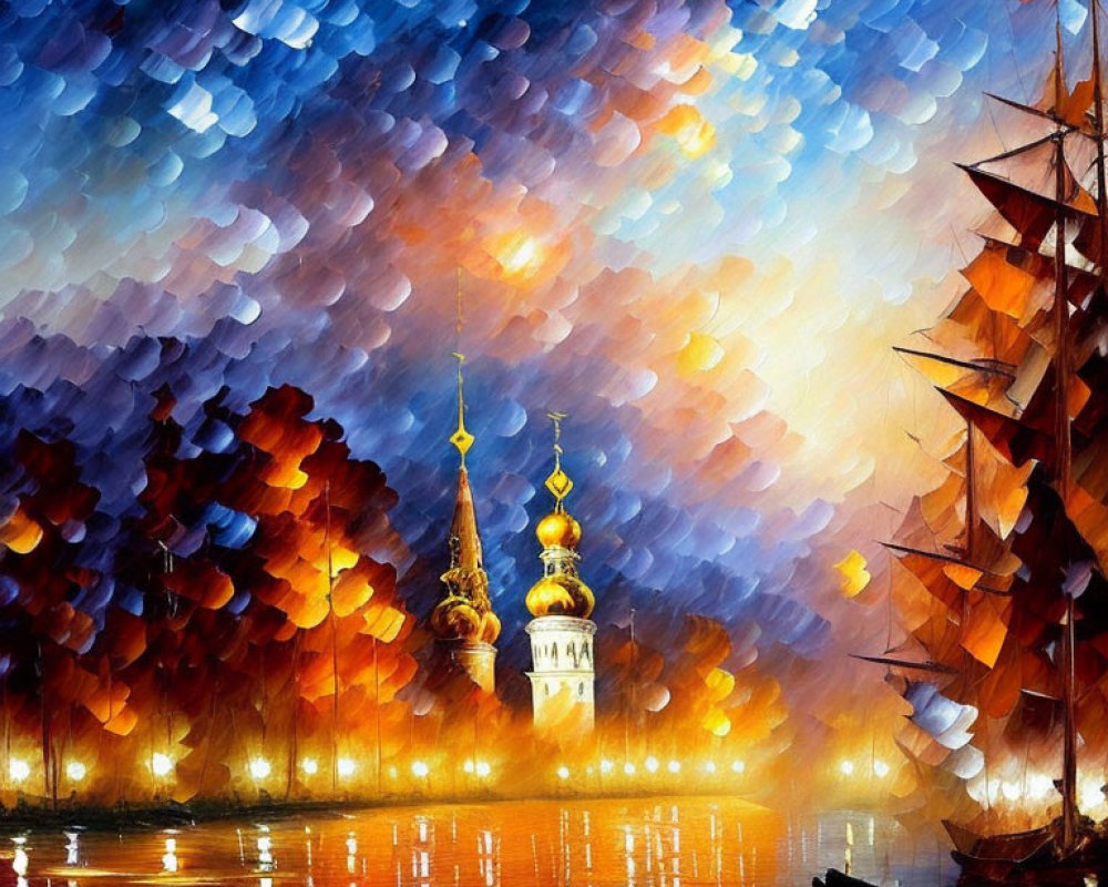 Russian Church Painting: Golden Domes, River Reflections, Night Scene