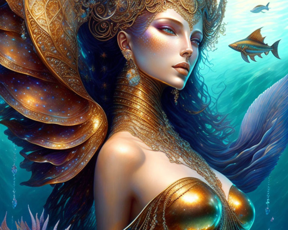 Fantasy image of woman in golden attire with marine life in vibrant underwater scene