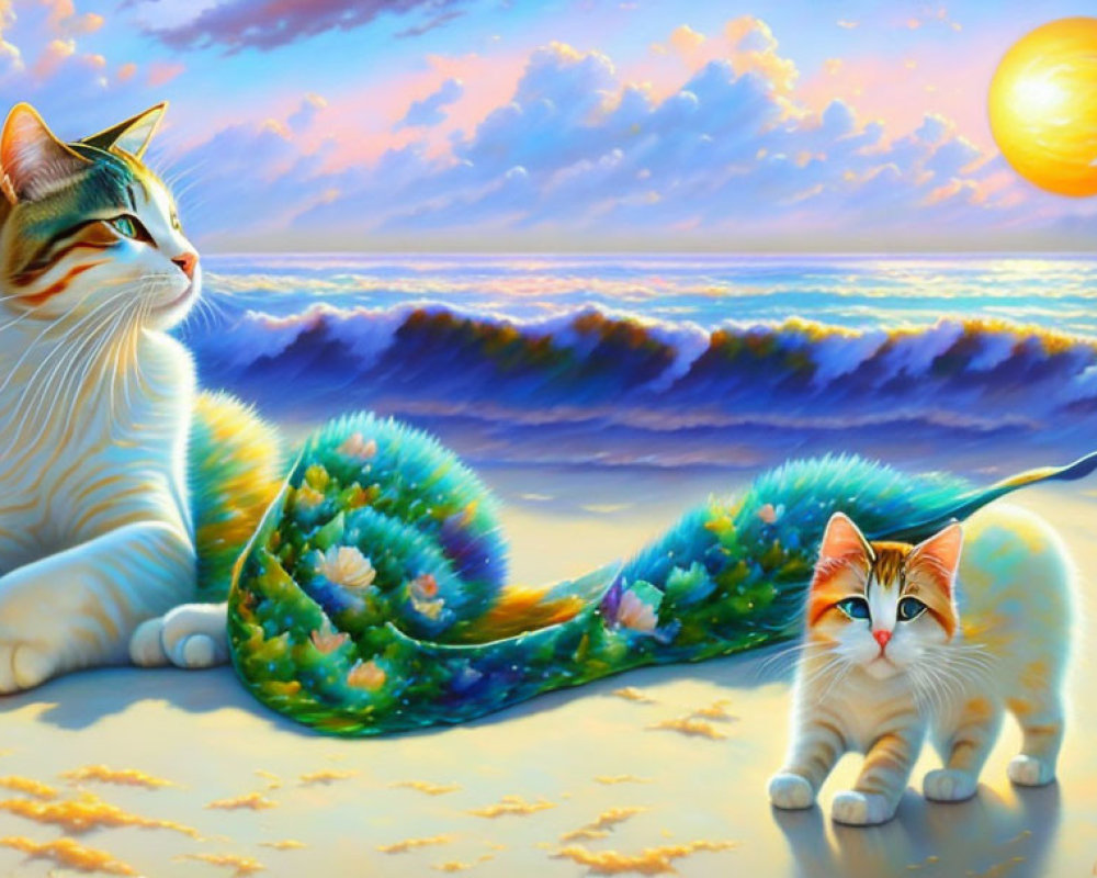 Vivid painting of fantastical cats with peacock-like tails on beach at sunset