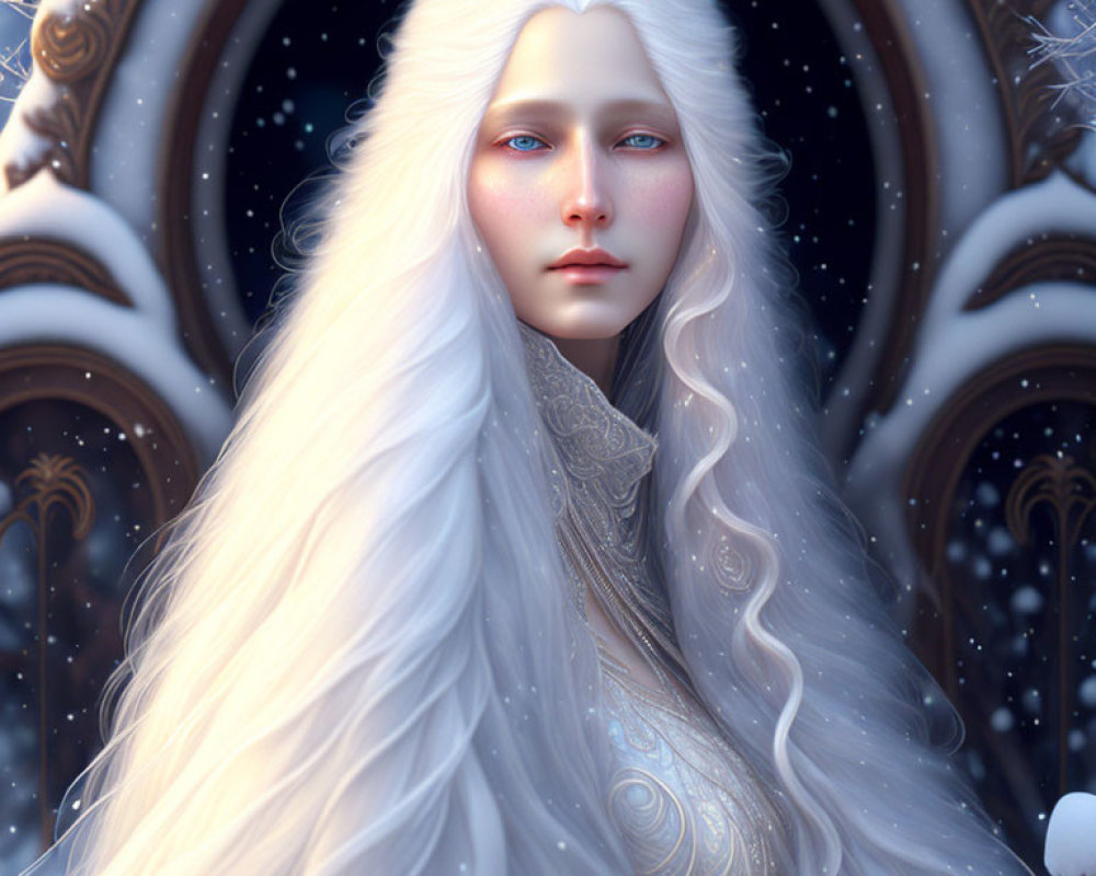 Long white hair and blue-eyed figure in ornate snowflake-like setting