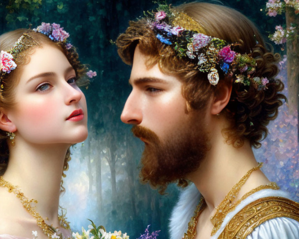 Romantic Couple with Flower Crowns in Forest Setting