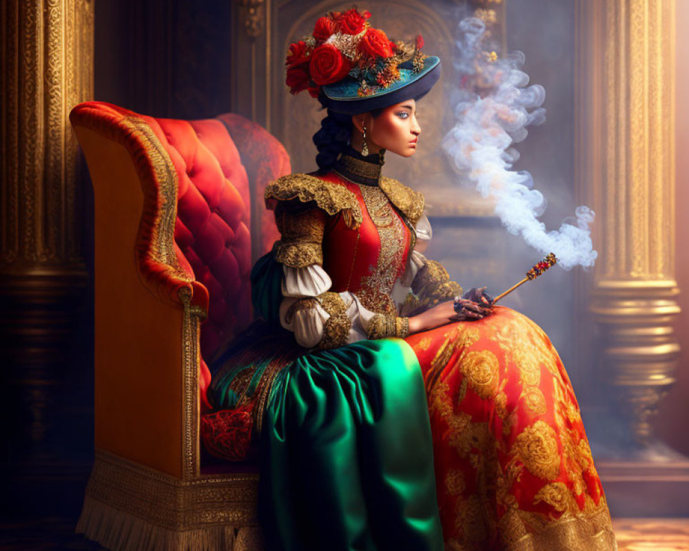 Regal woman in vintage costume smoking pipe on ornate chair