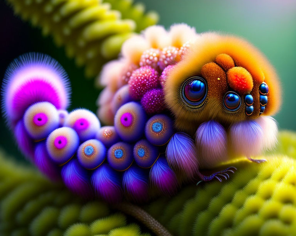 Colorful surreal illustration of caterpillar-like creature with ornamental eye patterns