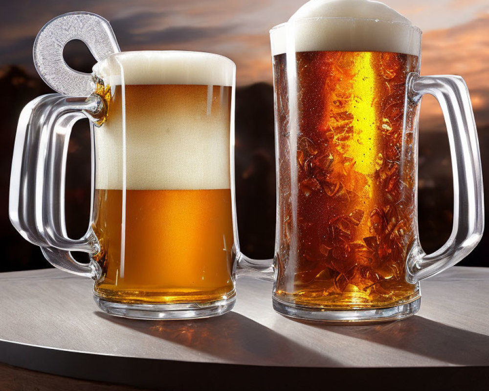 Frosty Beer Mugs with Foam on Wooden Surface