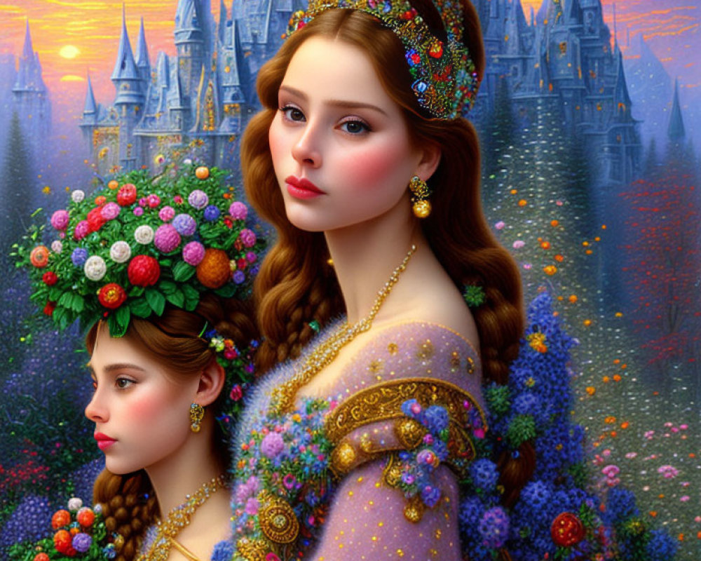 Digital artwork: Two women with floral headpieces in fantasy castle sunset.