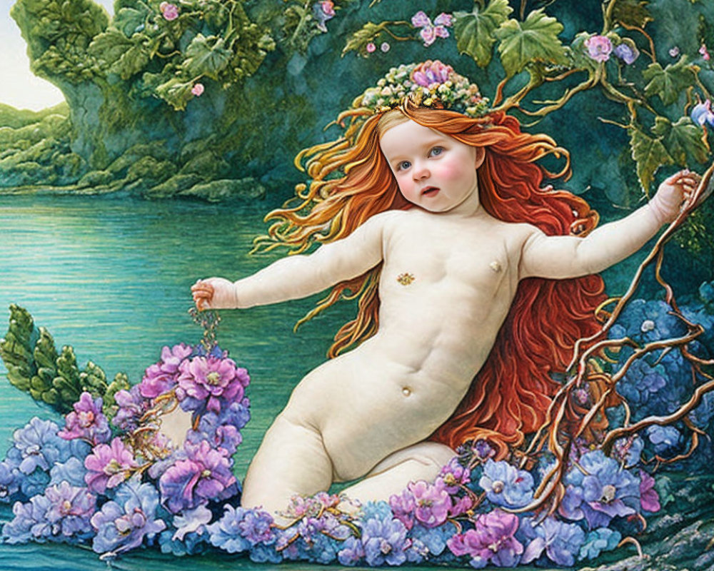 Child Mermaid with Red Hair in Aquatic Floral Scene