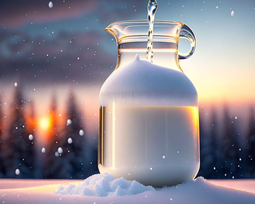 Glass pitcher with milk pouring in, snowy landscape and sunrise/sunset in background