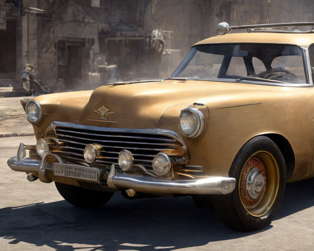 Vintage Golden Car with Chrome Accents in Urban Landscape