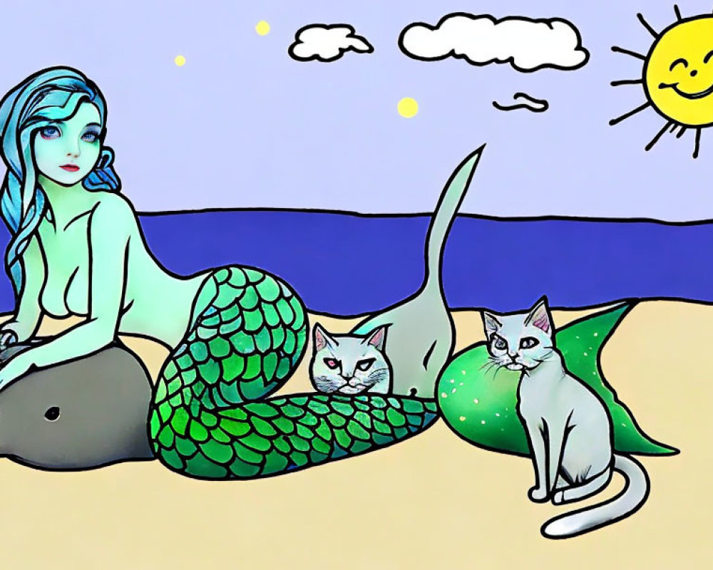 Blue-haired mermaid with cats on rock by sunny sea