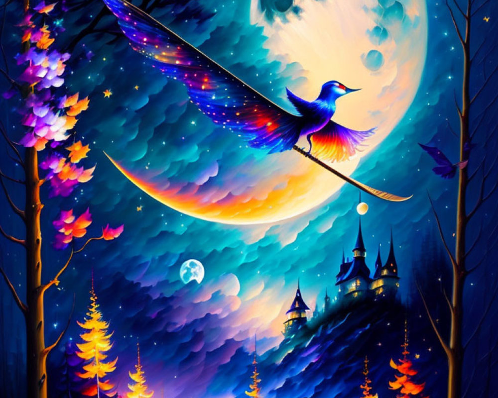 Vibrant moon and colorful bird in starry night sky