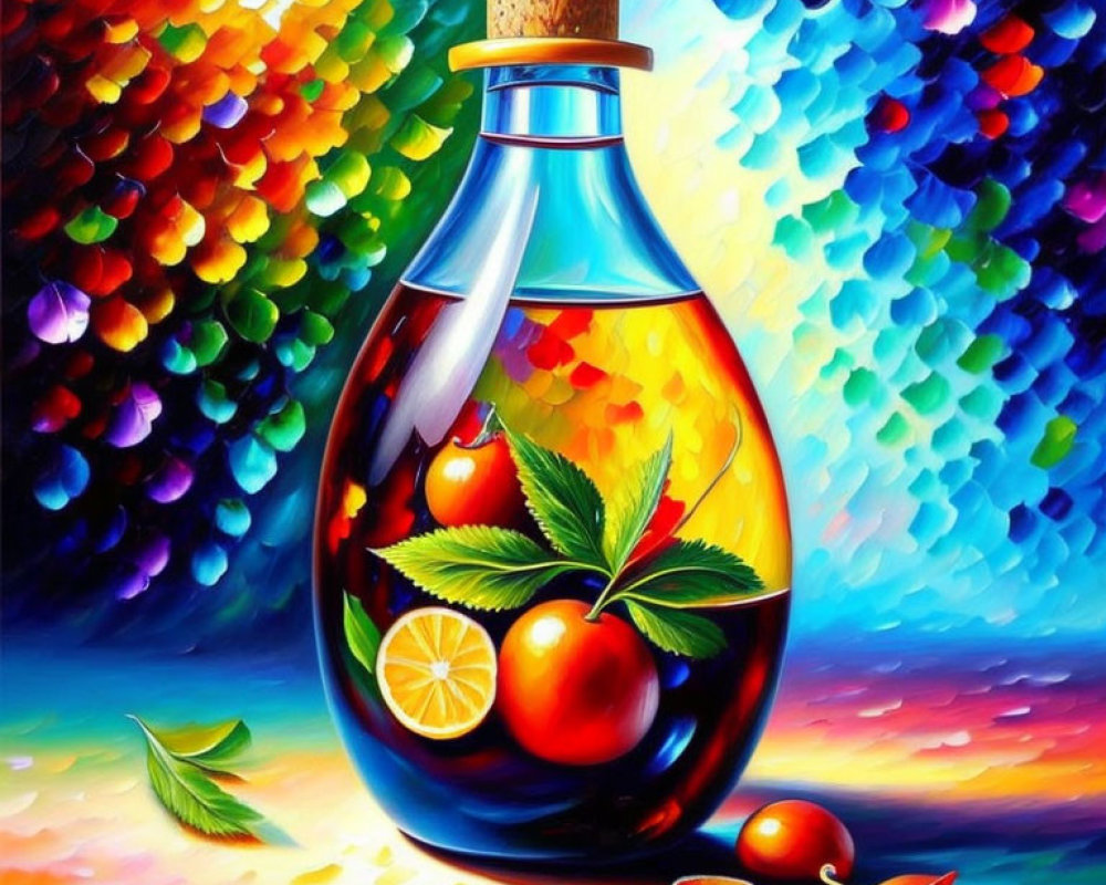 Colorful painting of bottle, fruits, and leaves against vibrant mosaic backdrop