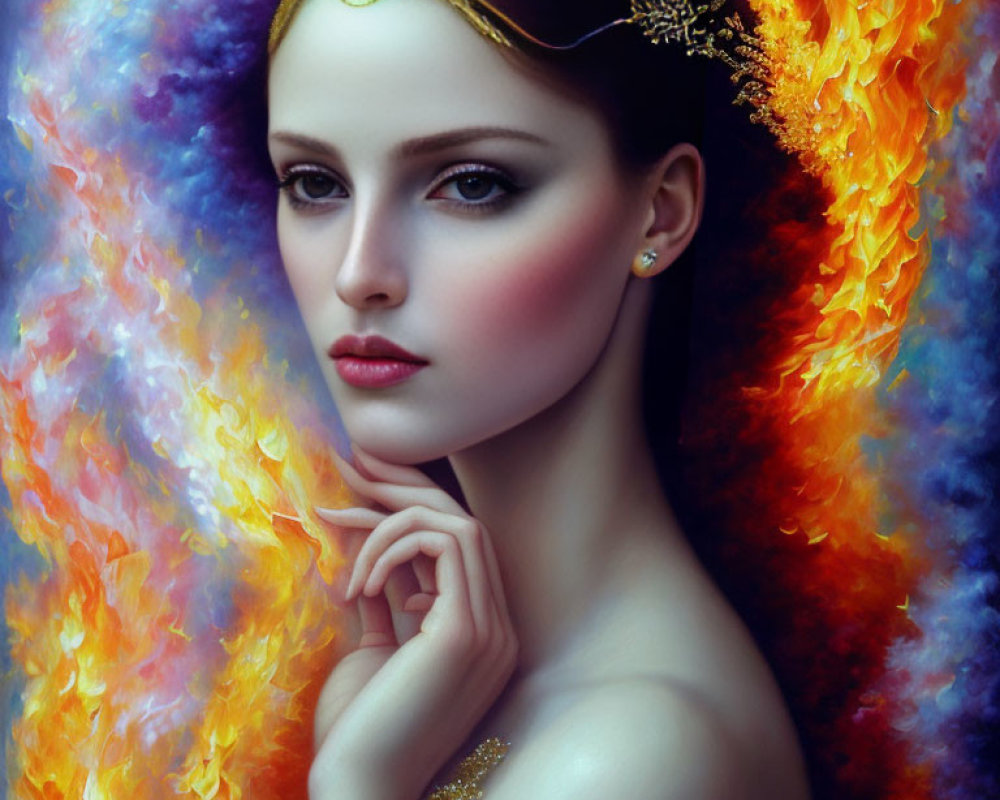 Serene woman portrait with golden headpiece in vibrant fiery nebula