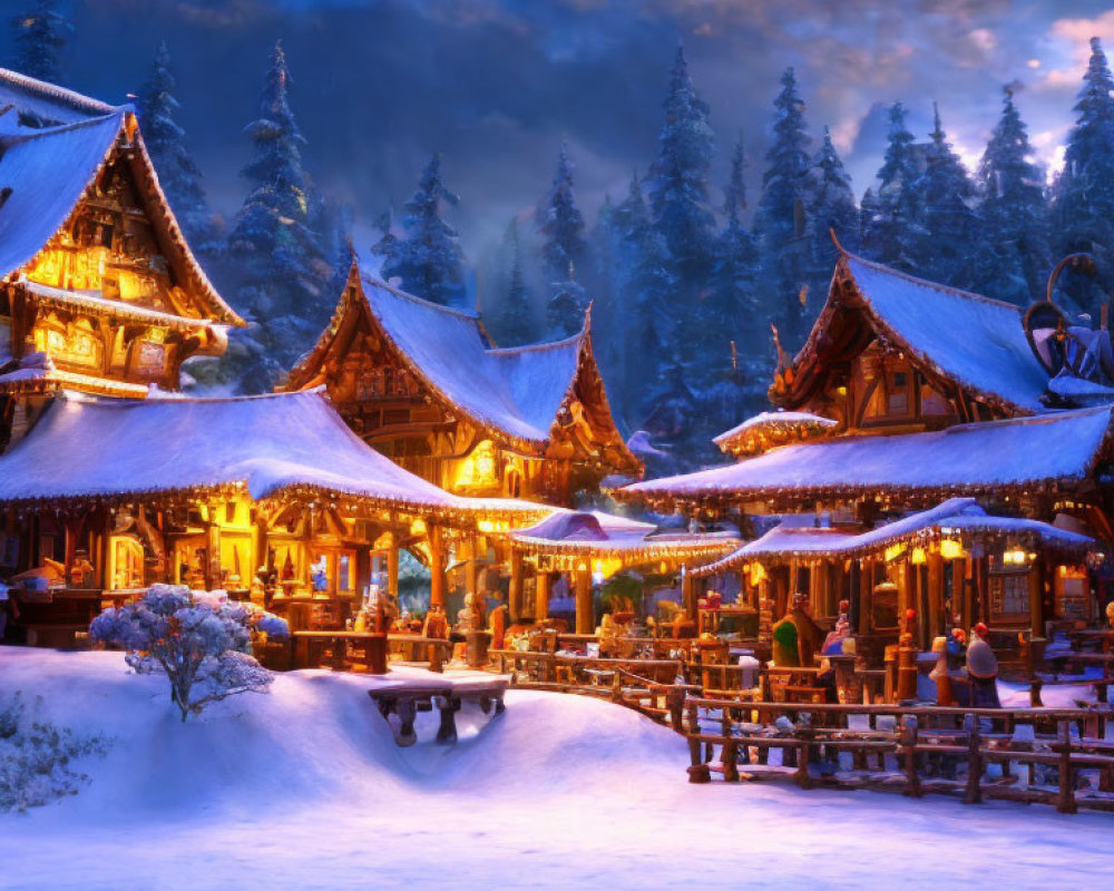 Winter Village Scene: Snowy Wooden Buildings & Festive Decorations at Twilight