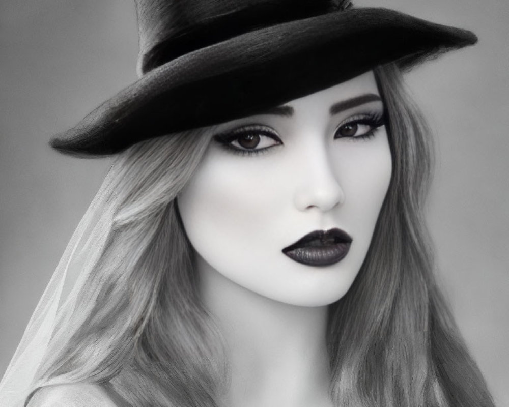 Monochrome portrait of a woman with bold makeup and wide-brimmed hat