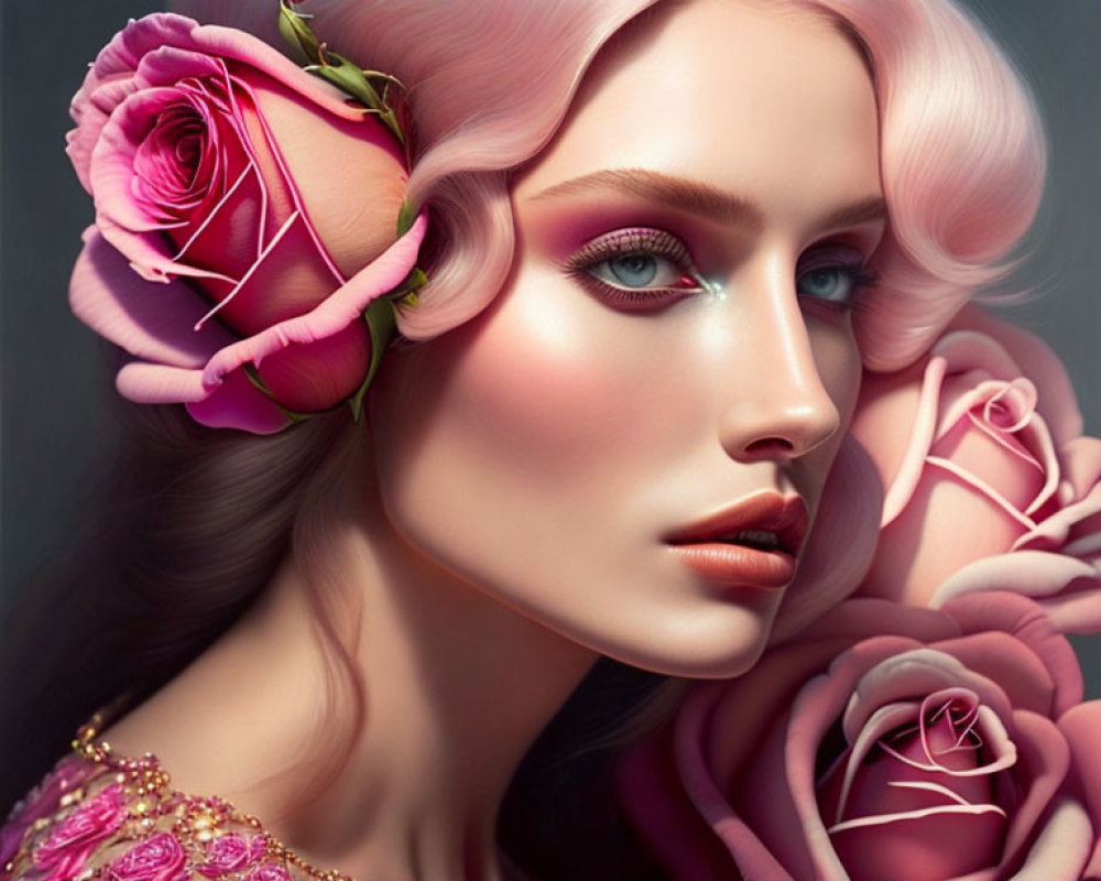 Digital Artwork: Woman with Pink Hair and Rose Adornments