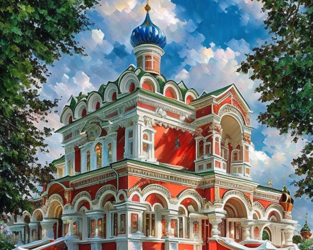 Ornate red building with blue domes in lush green landscape