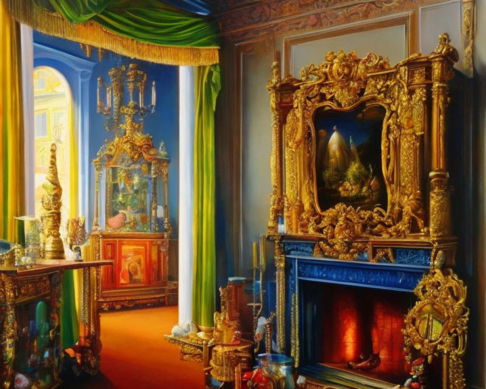 Luxuriously decorated room with gold accents, blue drapery, and antique collectibles