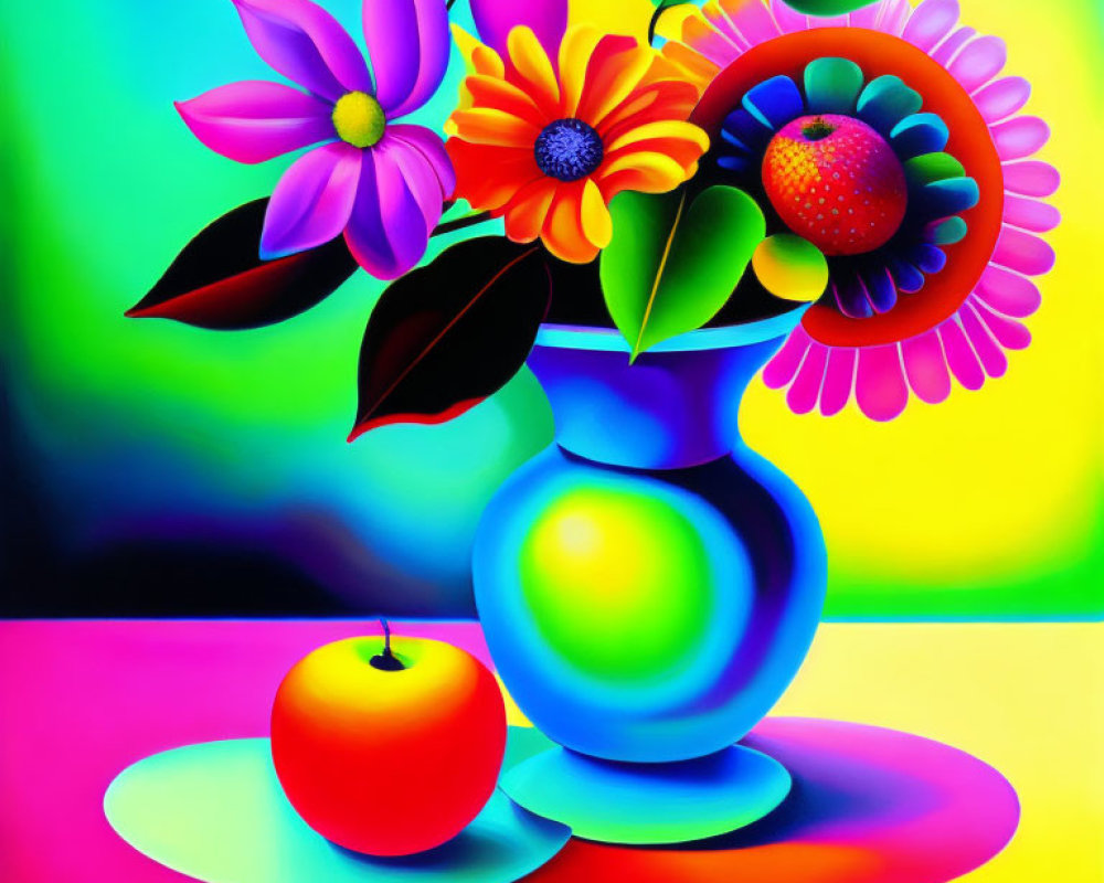 Colorful Still Life Painting with Flowers, Fruit, and Vase