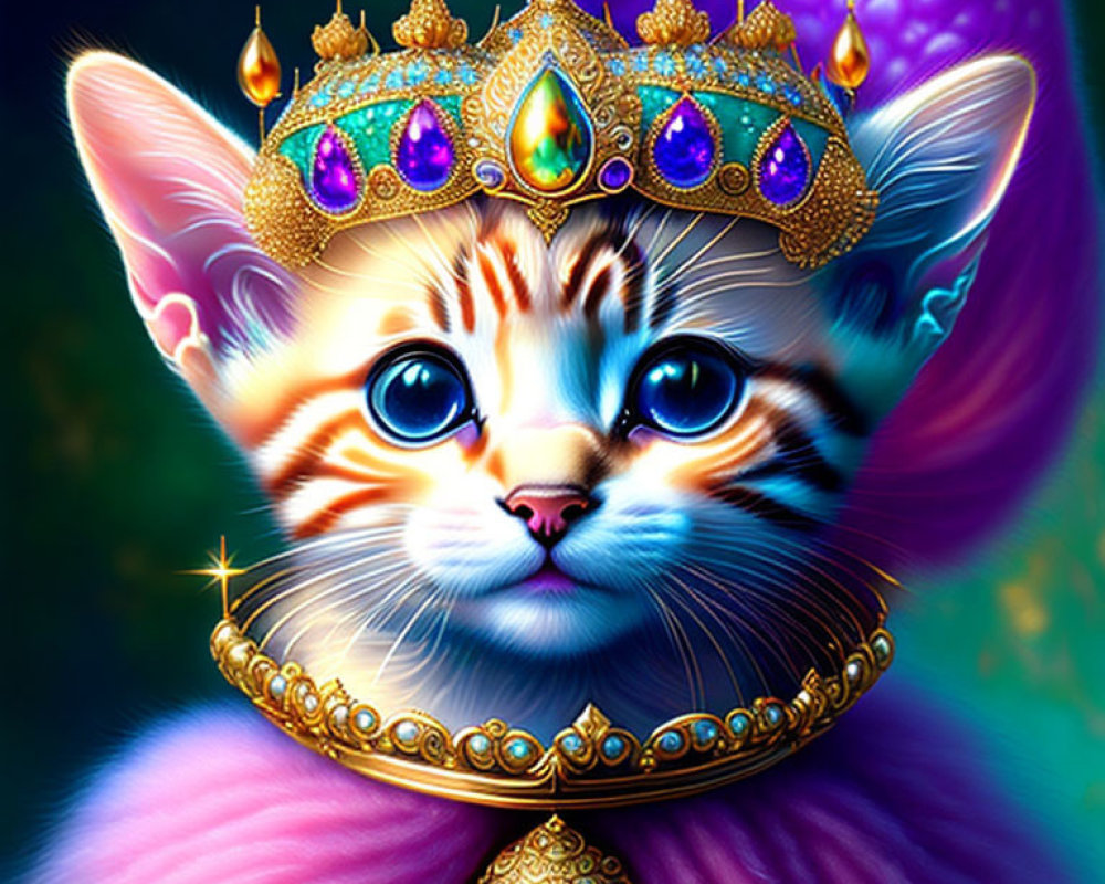 Colorful digital artwork: Kitten with regal crown and scepter in vibrant blues, purp