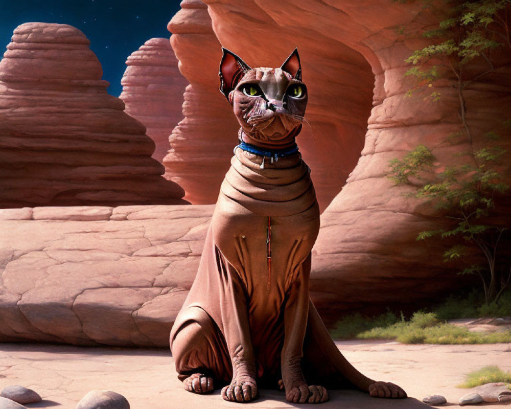 Sphynx cat in brown cloak among rocks under starry night sky