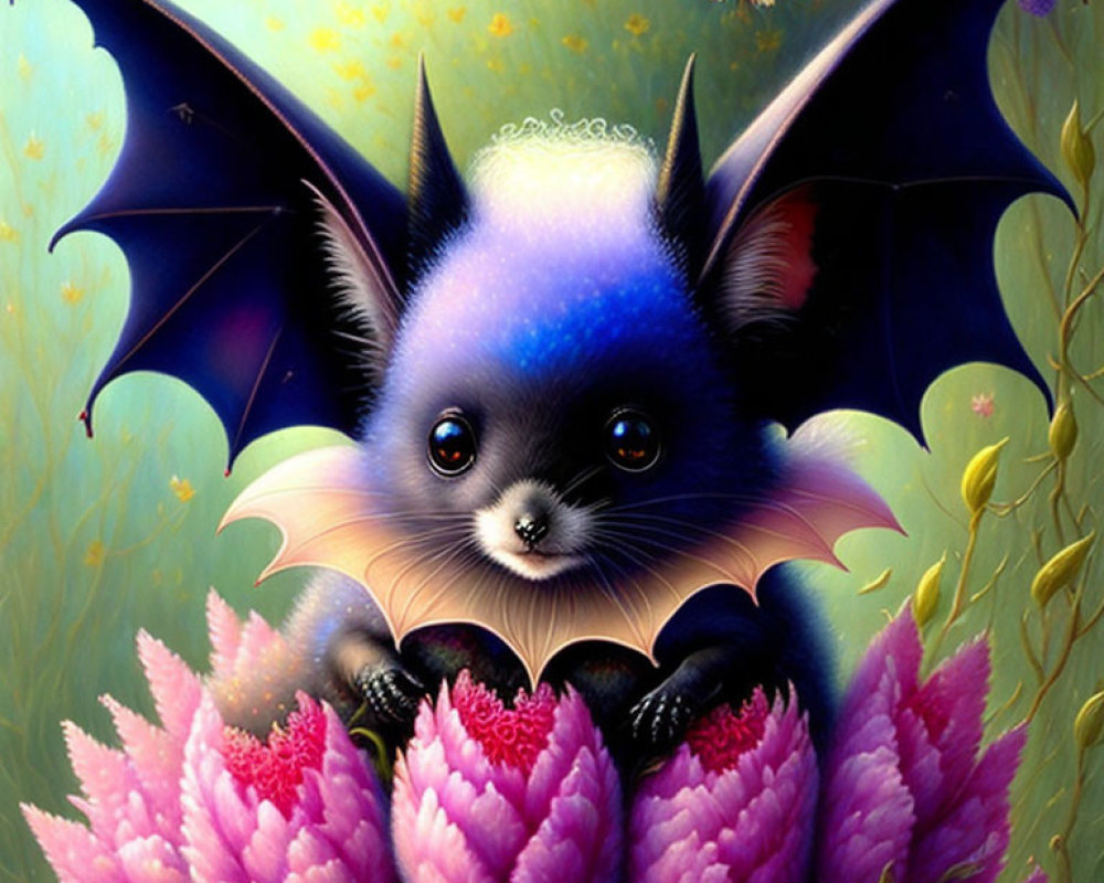 Adorable fantasy bat with large eyes and blue fur on pink flowers