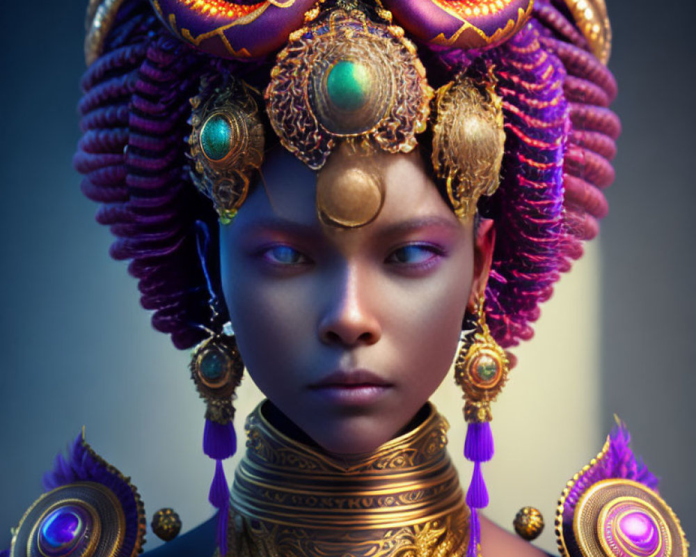 Elaborate headdress with gold ornaments and purple feathers on a person with golden jewelry and serious expression