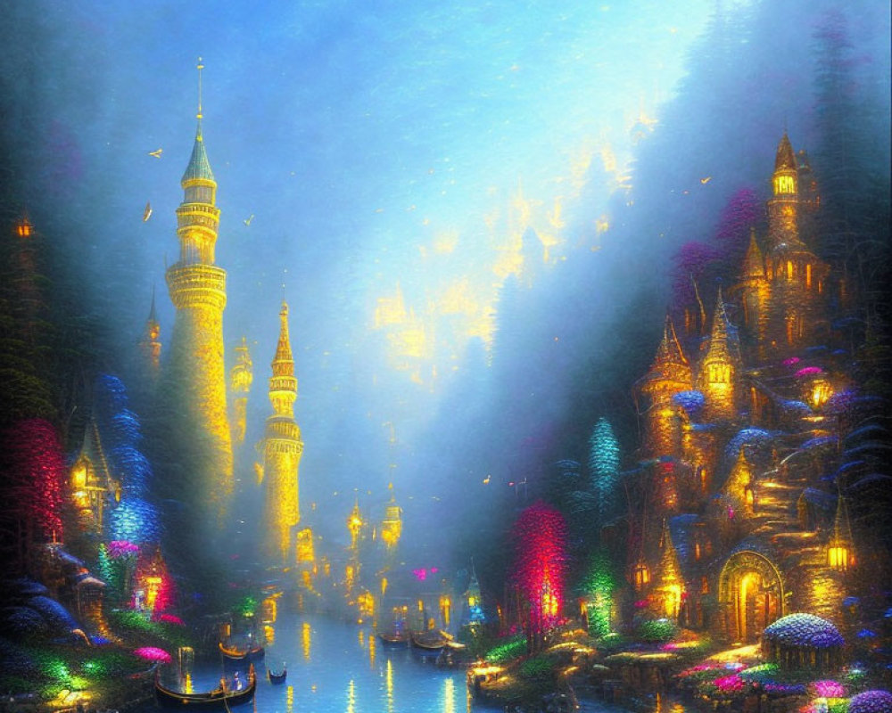 Luminous Buildings Along Waterway at Night with Boats and Towering Spires