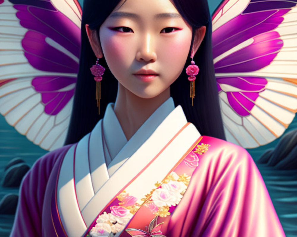 Digital Artwork: Girl with Butterfly Wings in Pink Kimono & Water Background