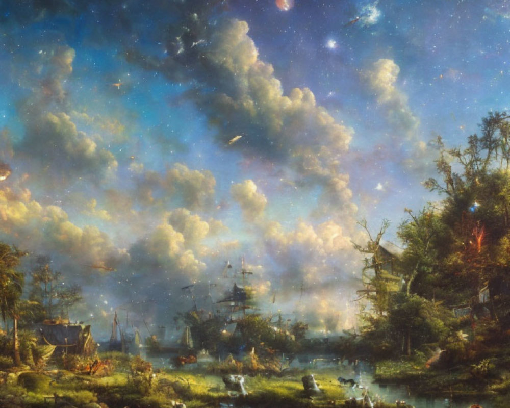 Starry night sky and riverside landscape with ships and greenery