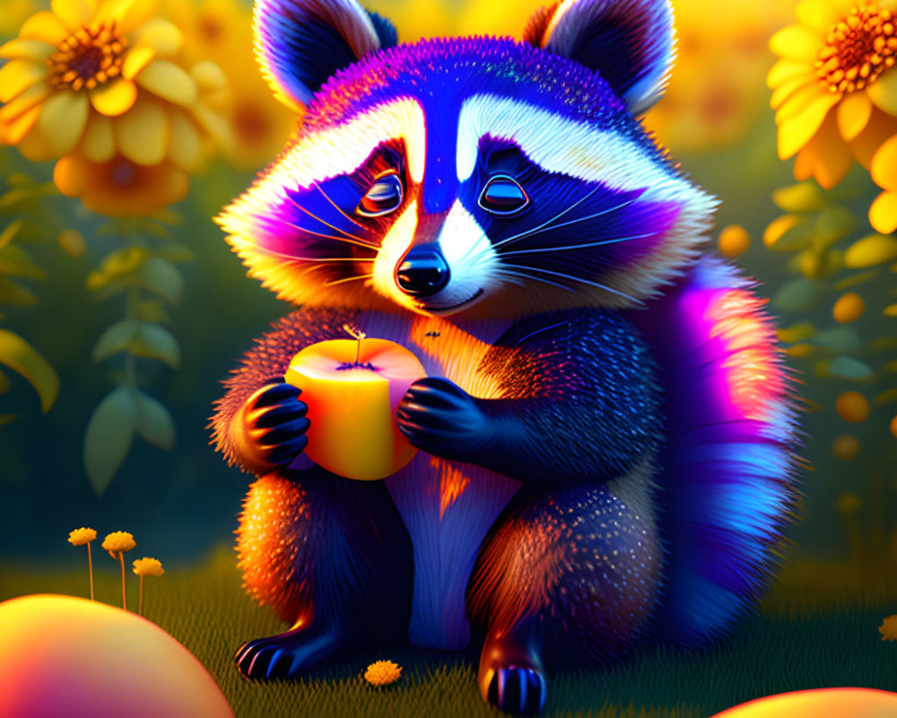 Colorful illustration: Cute raccoon with apple in magical twilight field