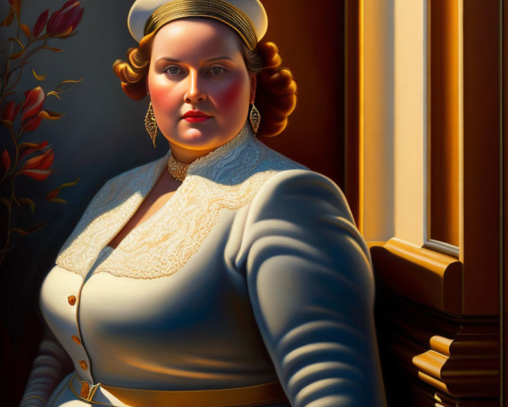 Stylized painting of nurse in traditional uniform and cap with golden earrings