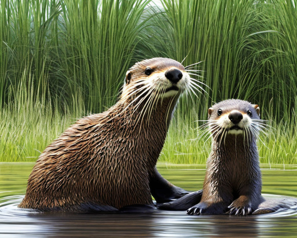 Two Wet Otters Standing in Water Among Green Reeds