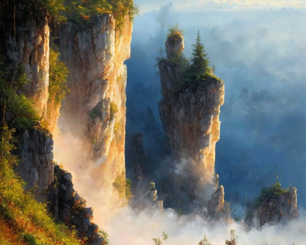 Sunrise view of misty mountain peaks above clouds with greenery on steep rocky faces