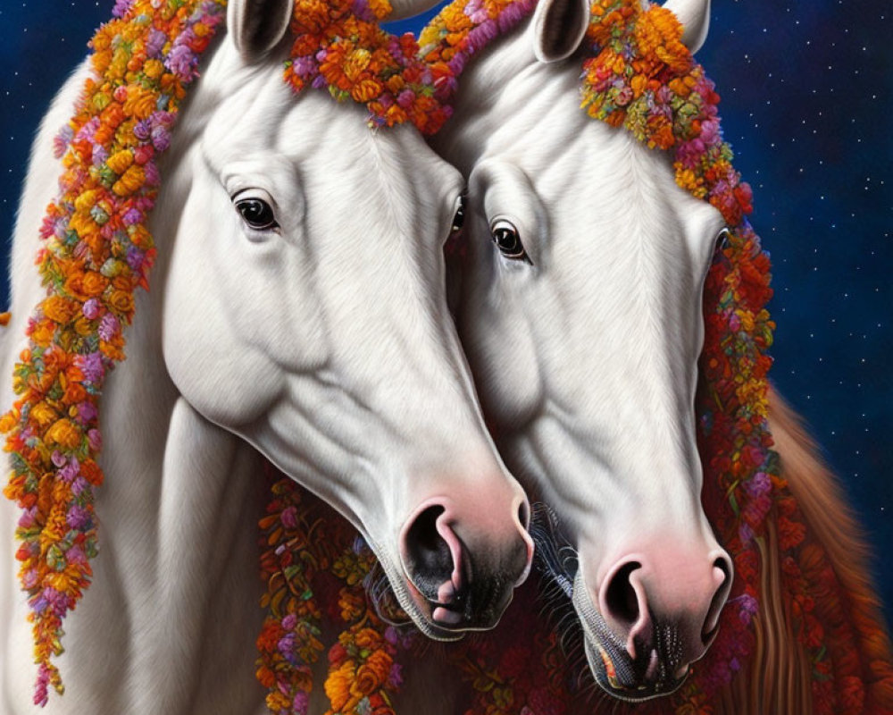 Two White Unicorns with Floral Garlands in Starry Night Sky