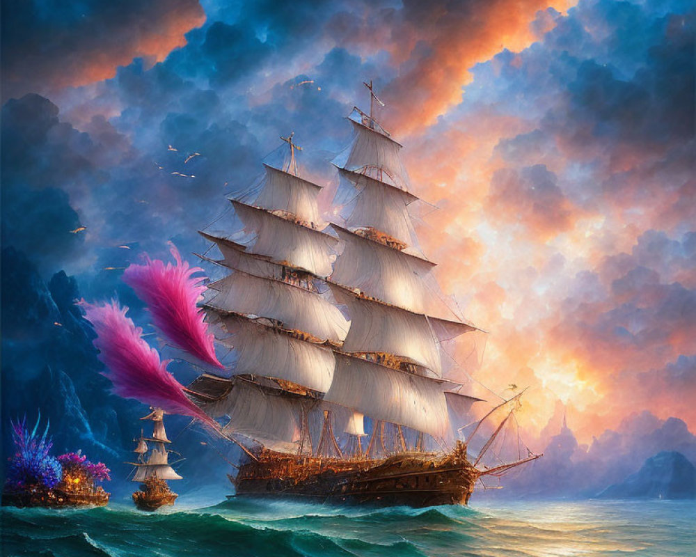 Sailing ship with billowing sails on turbulent sea under dramatic sky