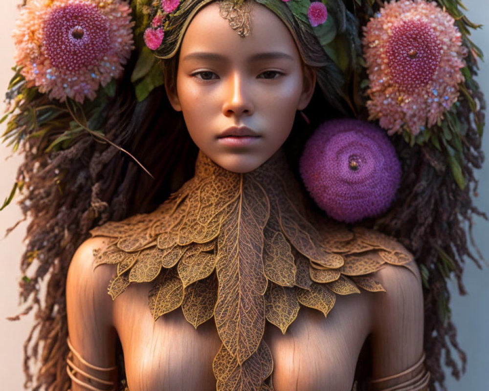 Person adorned in nature-inspired headdress and bodice with intricate leaf patterns and earthy tones