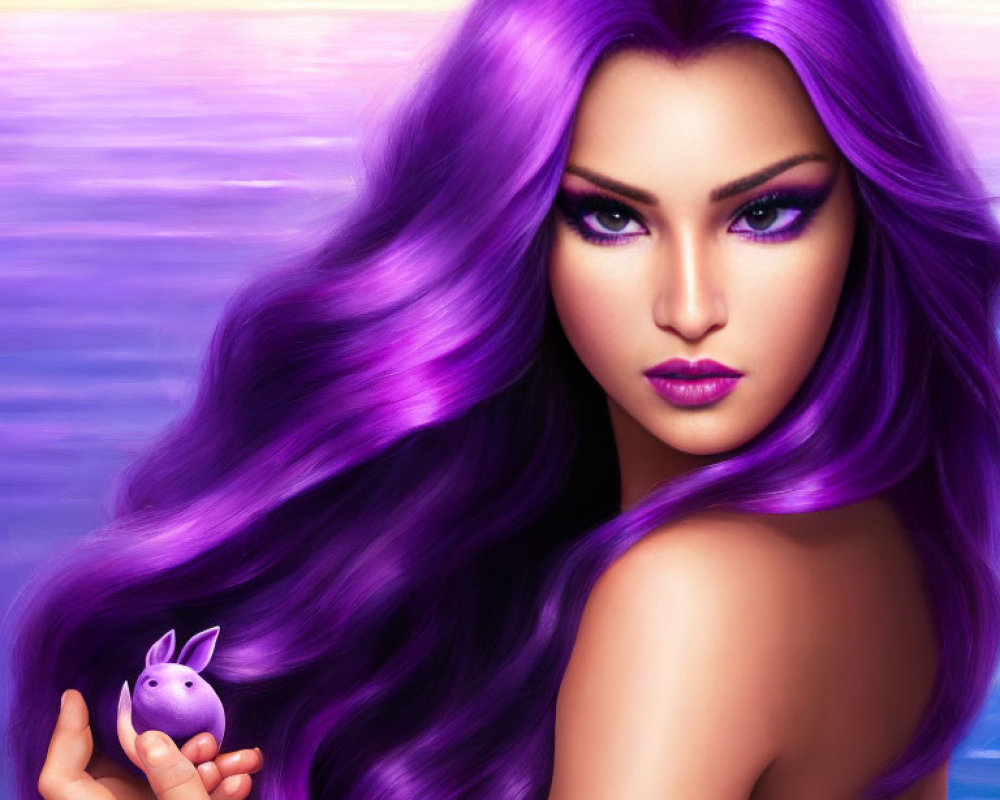 Digital Artwork: Woman with Purple Hair Holding Rabbit on Sunset Ocean Background