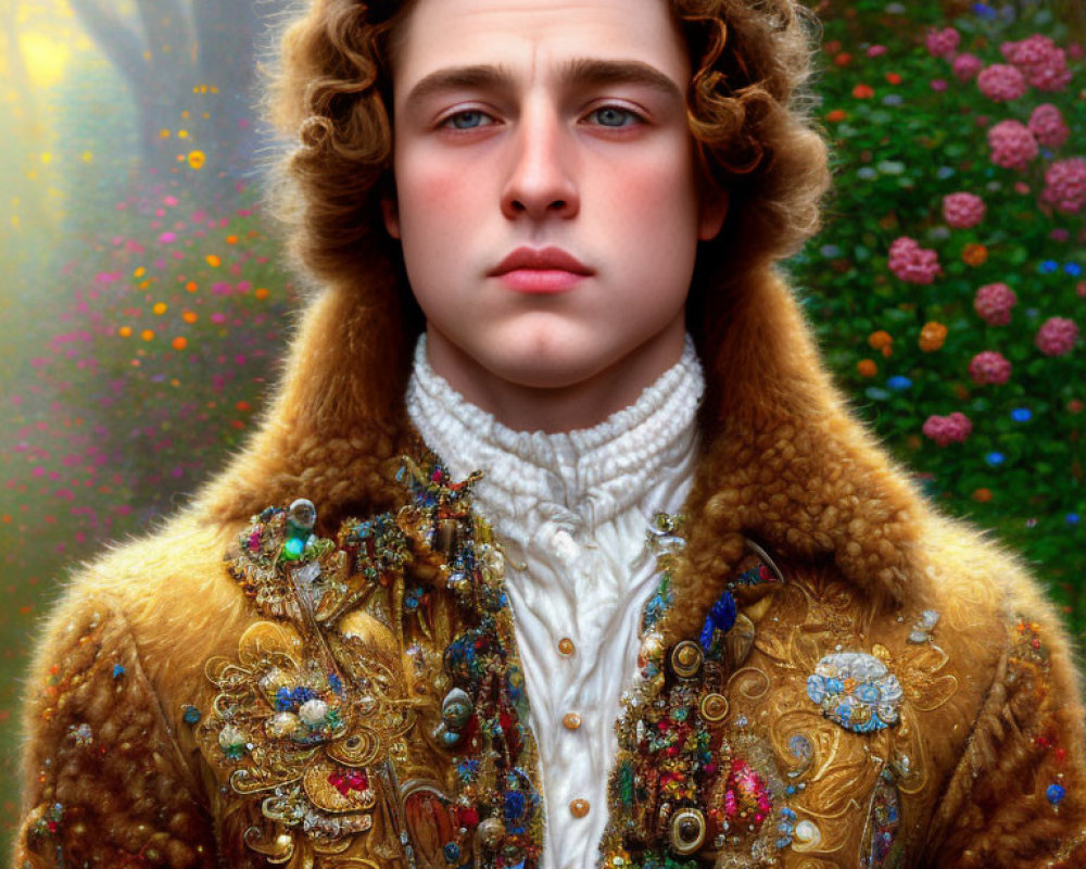 Young man with curly hair in gold jacket against mystical floral backdrop